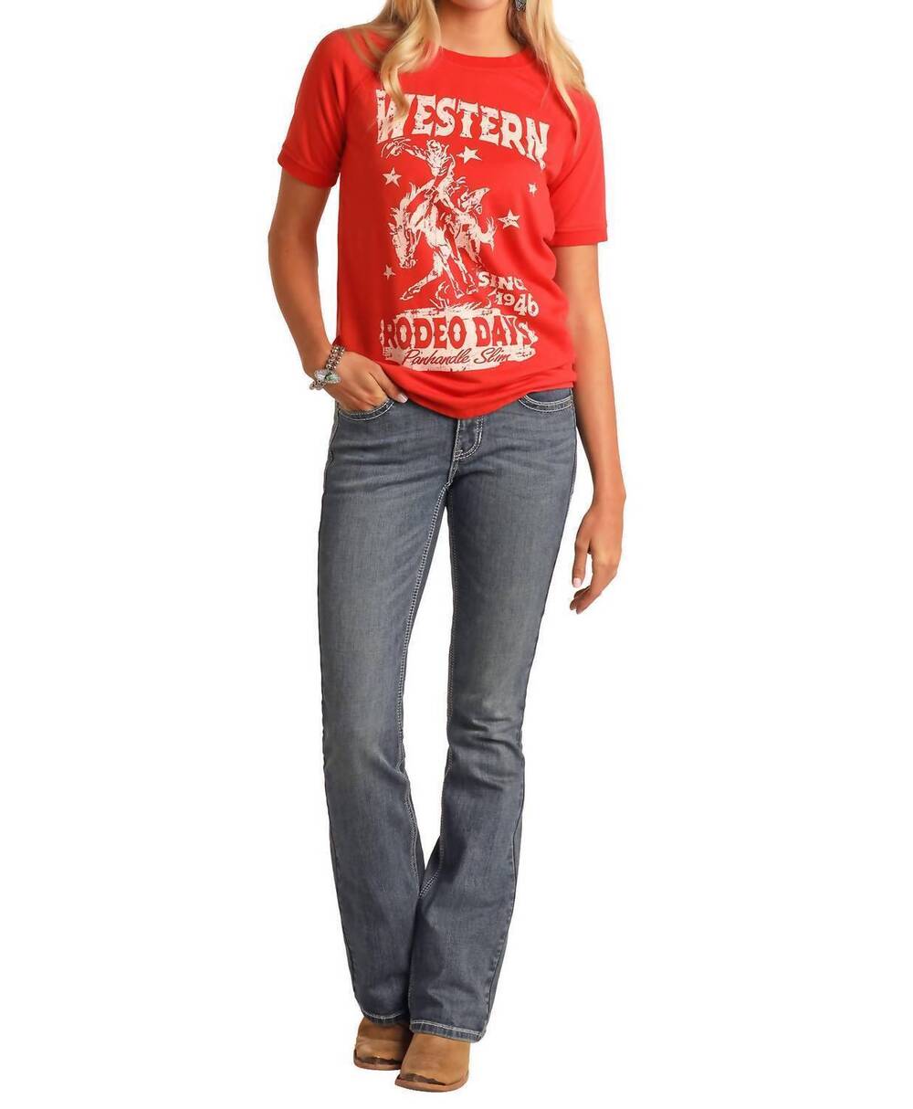 NEW ROCK & ROLL DENIM 3/4 boxy graphic tee in scarlet